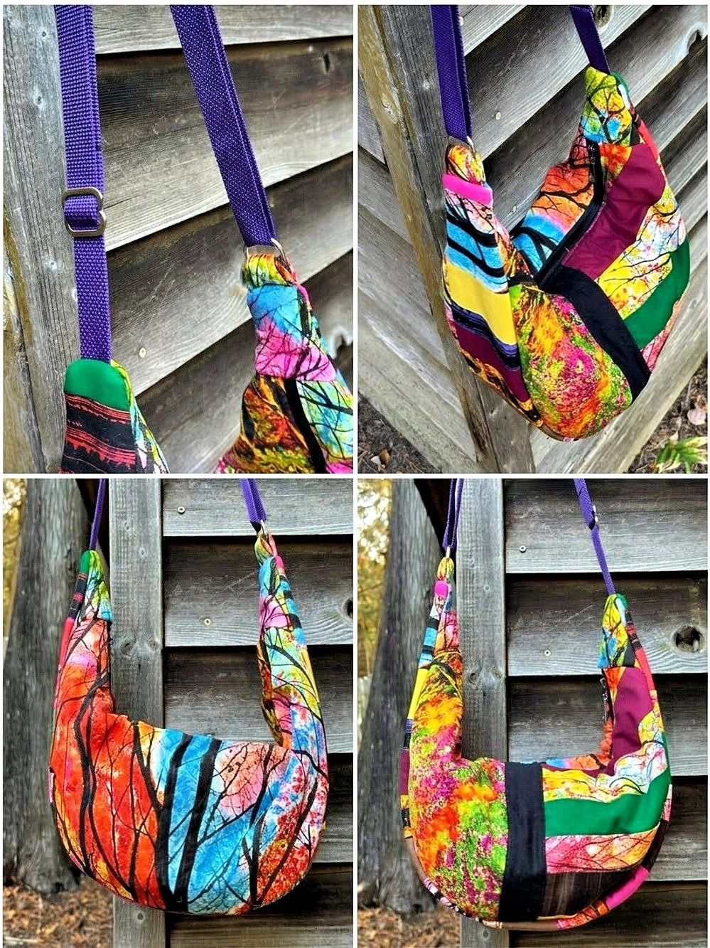Handmade Upcycled Quilted Crescent Crossbody Sling Bag - Vibrant Tree Art 🌳✨